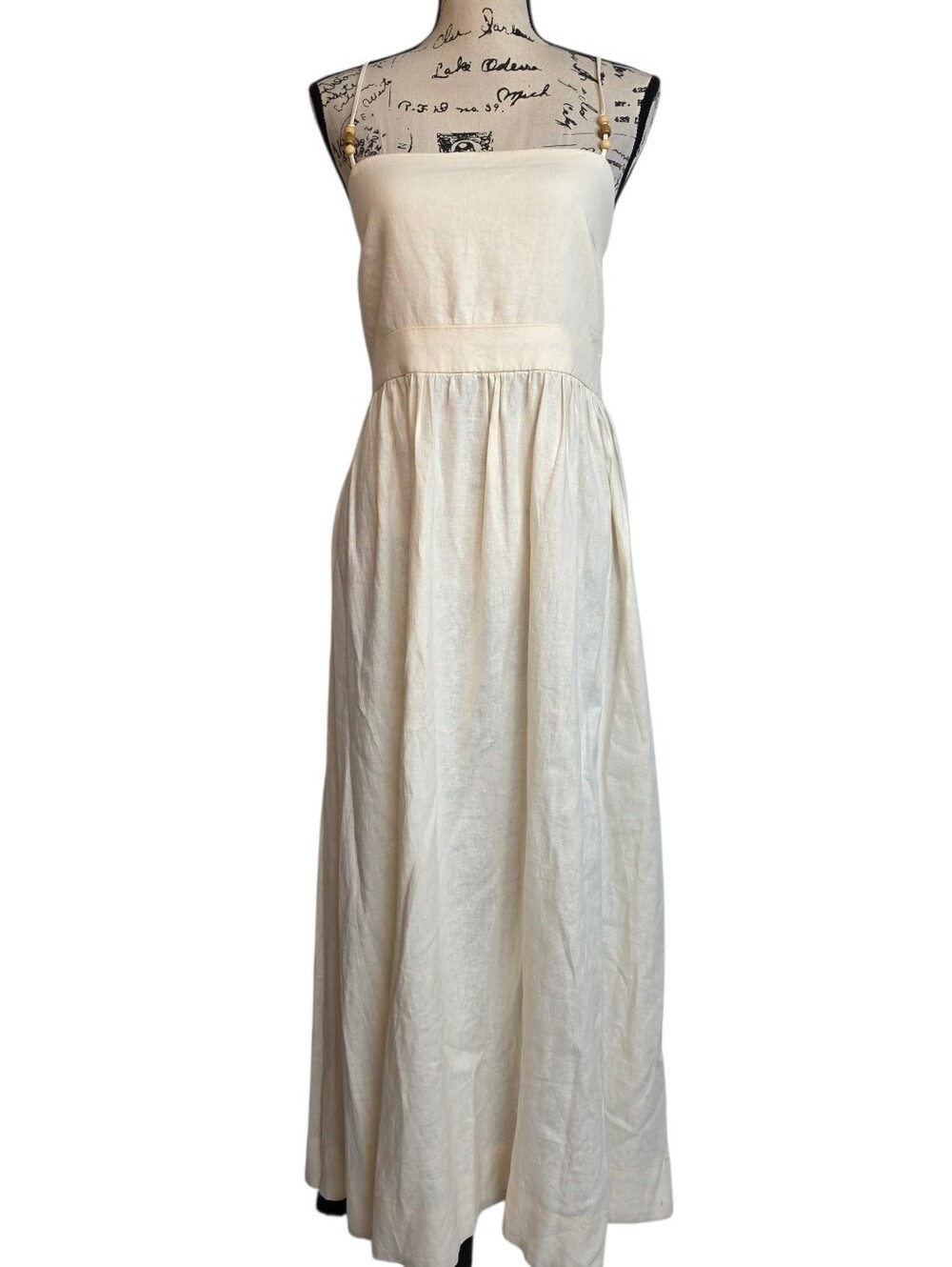 Zara Cream Linen Blend Lace Up Back Maxi Dress Wooden Bead Straps XL
